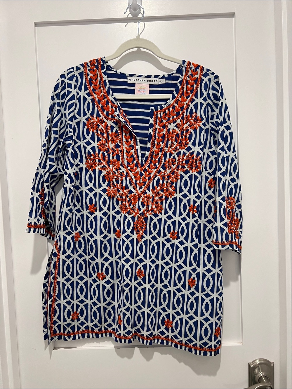 Gretchen Scott Designs Navy Blue and White Tunic with Orange Embroidery